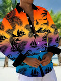 Oceanlyte Men's Short Sleeve Shirt - Tropical Sunset Sailboats And Palm Leaves Print with Chest Pocket