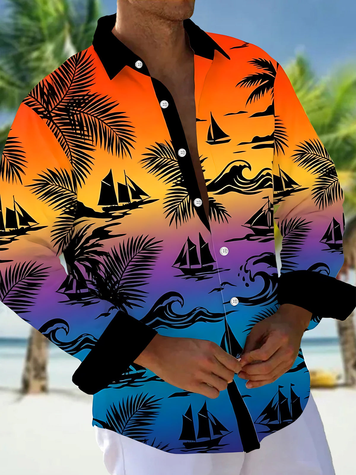 Oceanlyte Men's Short Sleeve Shirt - Tropical Sunset Sailboats And Palm Leaves Print with Chest Pocket
