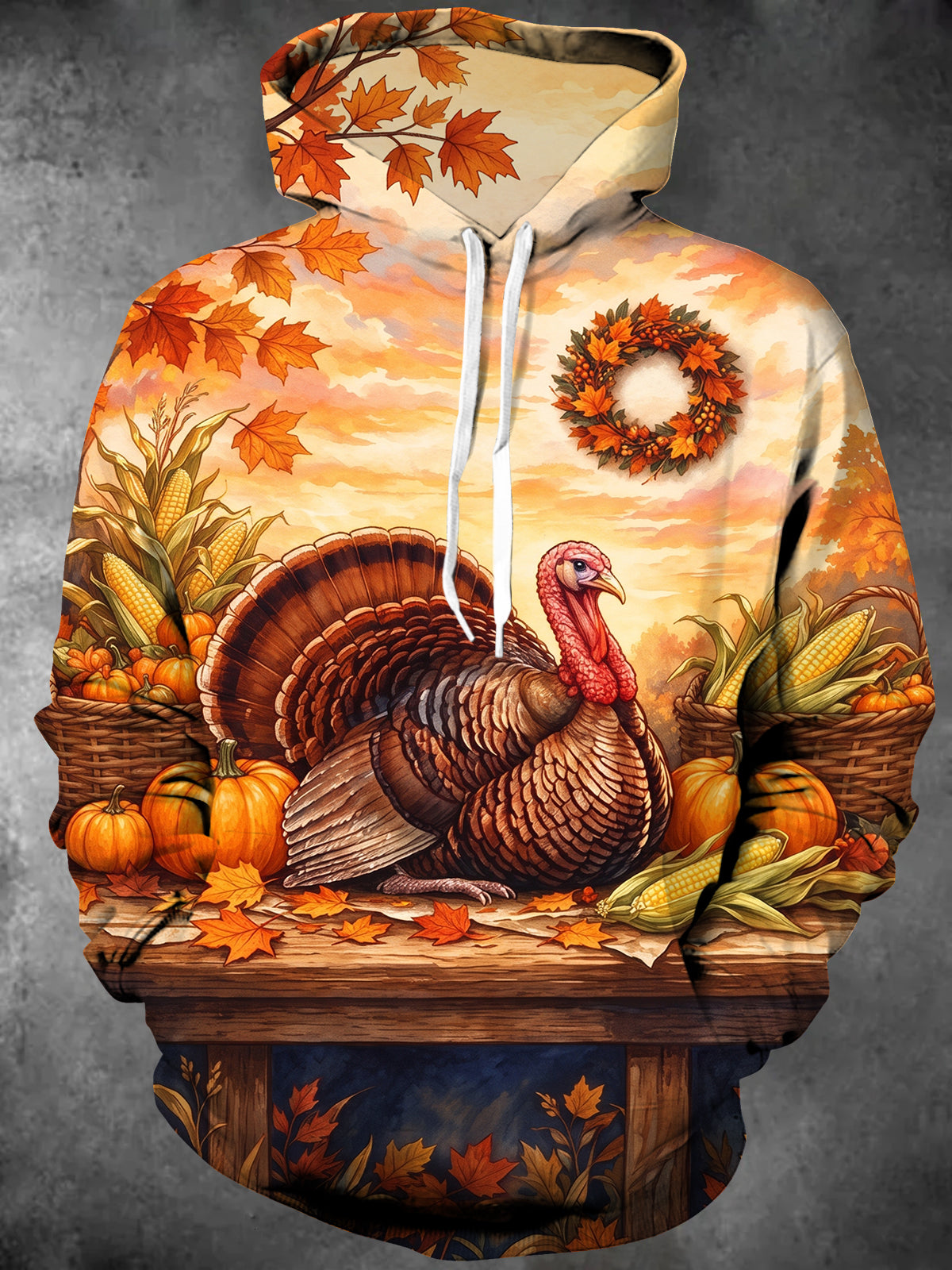 Oceanlyte Men's Long Sleeve Pullover Hoodie - Thanksgiving Turkey And Harvest Produce Print with Kangaroo Pocket