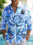 Oceanlyte Men's Long Sleeve Shirt - Blue Rose With Snowflakes And Winter Berries Print with Chest Pocket