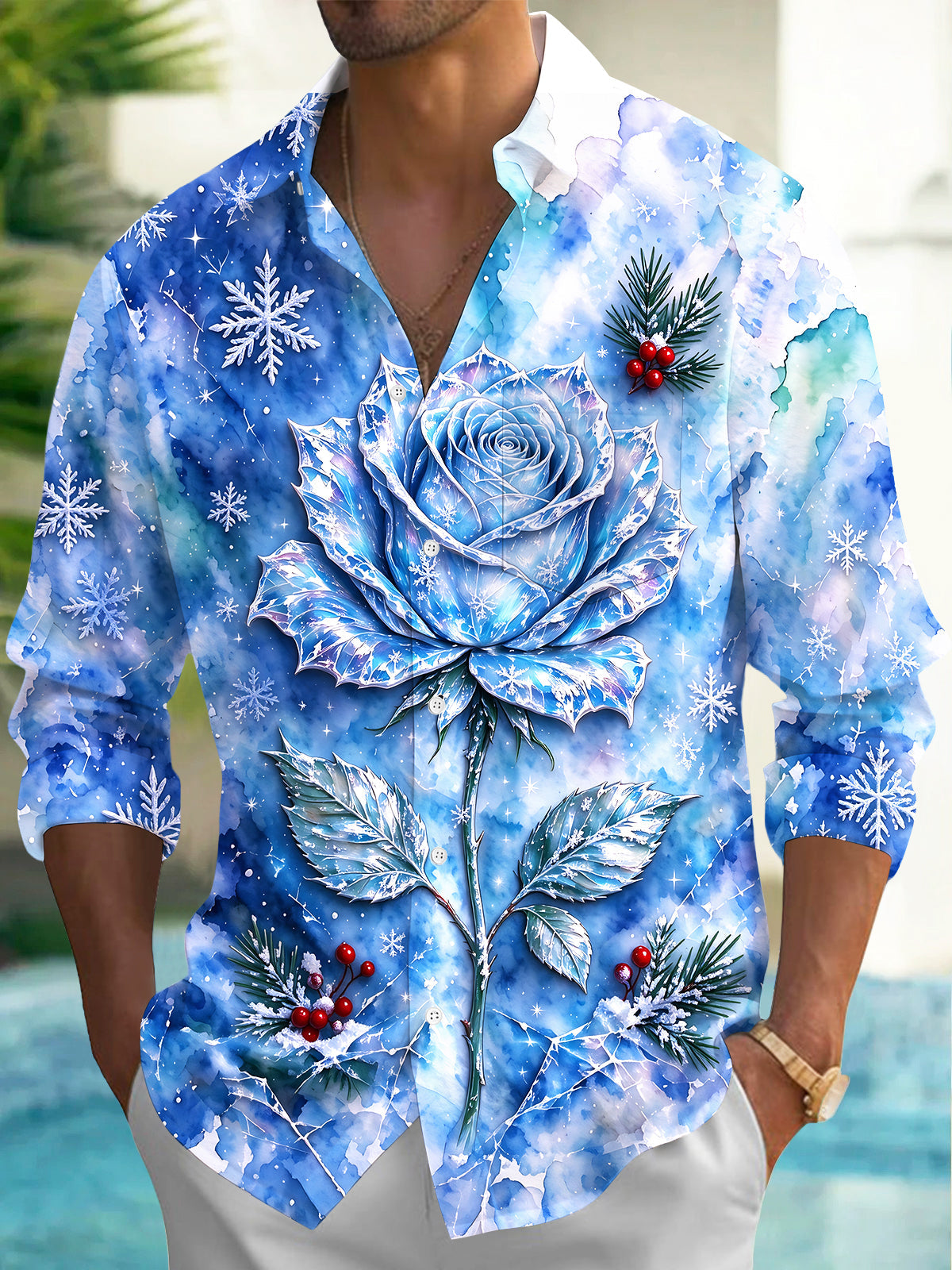 Oceanlyte Men's Long Sleeve Shirt - Blue Rose With Snowflakes And Winter Berries Print with Chest Pocket