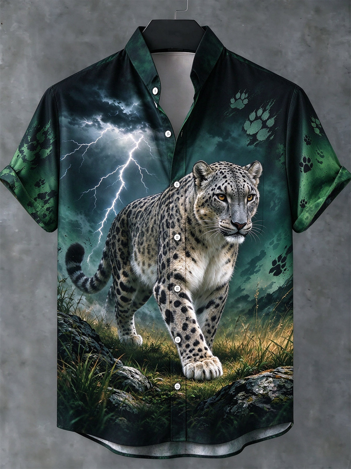 Oceanlyte Men's Snow Leopard Walking Print Short Sleeve Stand Collar Shirt with Chest Pocket