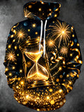 Oceanlyte Men's Long Sleeve Hoodie - New Year Golden Hourglass With Fireworks Print