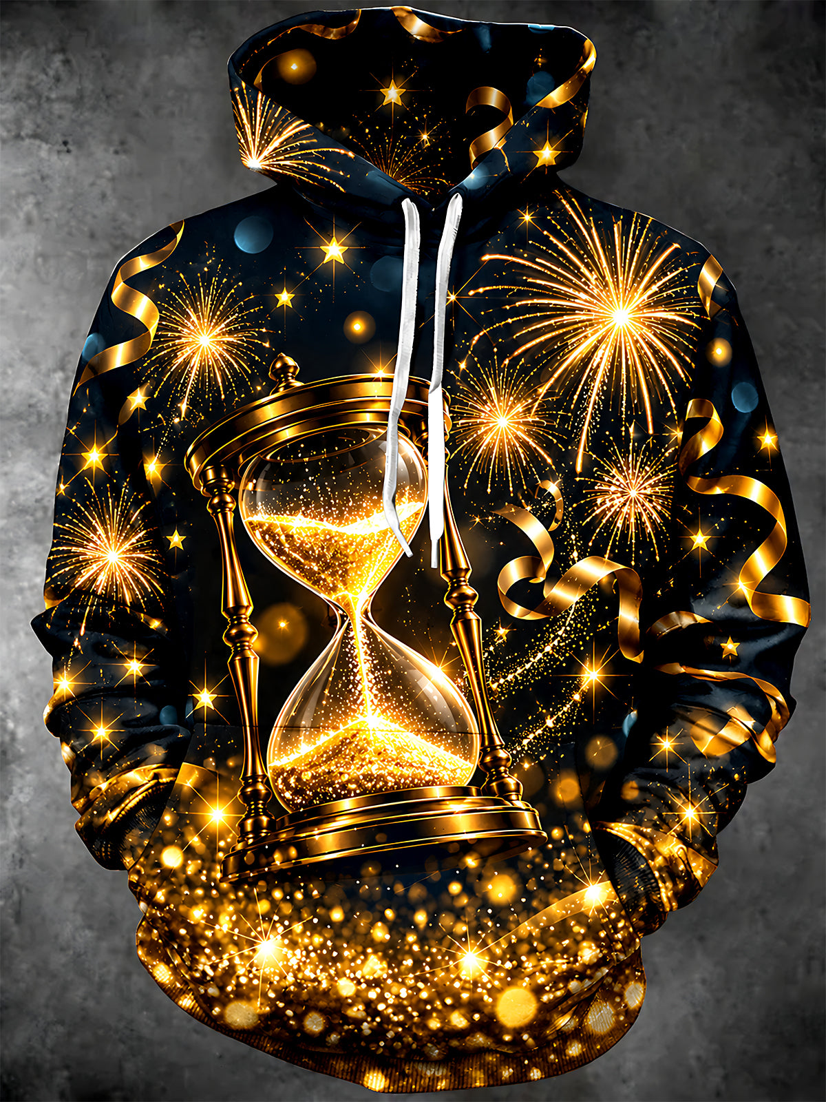 Oceanlyte Men's Long Sleeve Hoodie - New Year Golden Hourglass With Fireworks Print