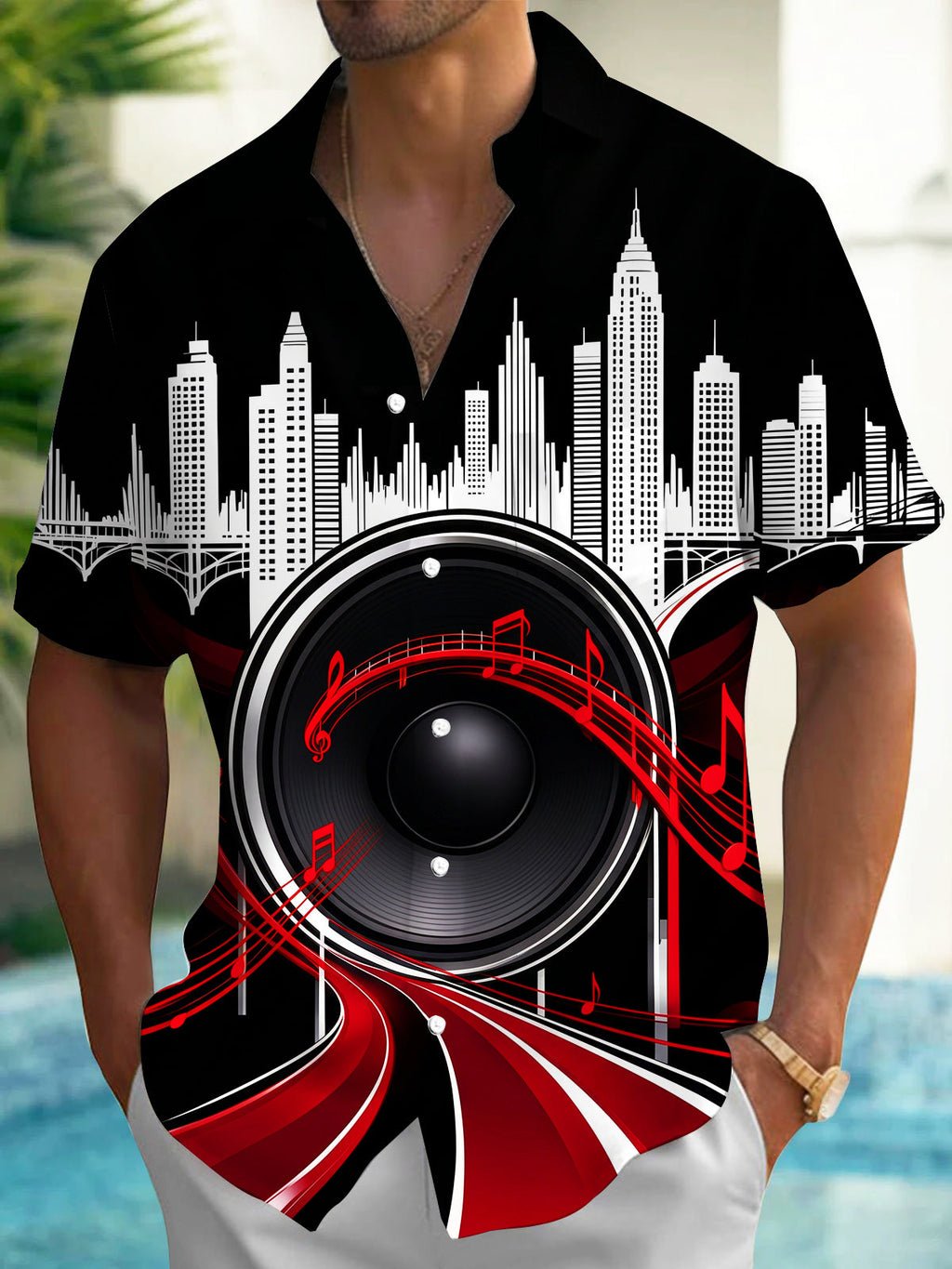 Oceanlyte Men's Short Sleeve Shirt - City Skyline And Speaker With Musical Notes Print with Chest Pocket