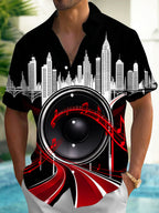 Oceanlyte Men's Short Sleeve Shirt - City Skyline And Speaker With Musical Notes Print with Chest Pocket