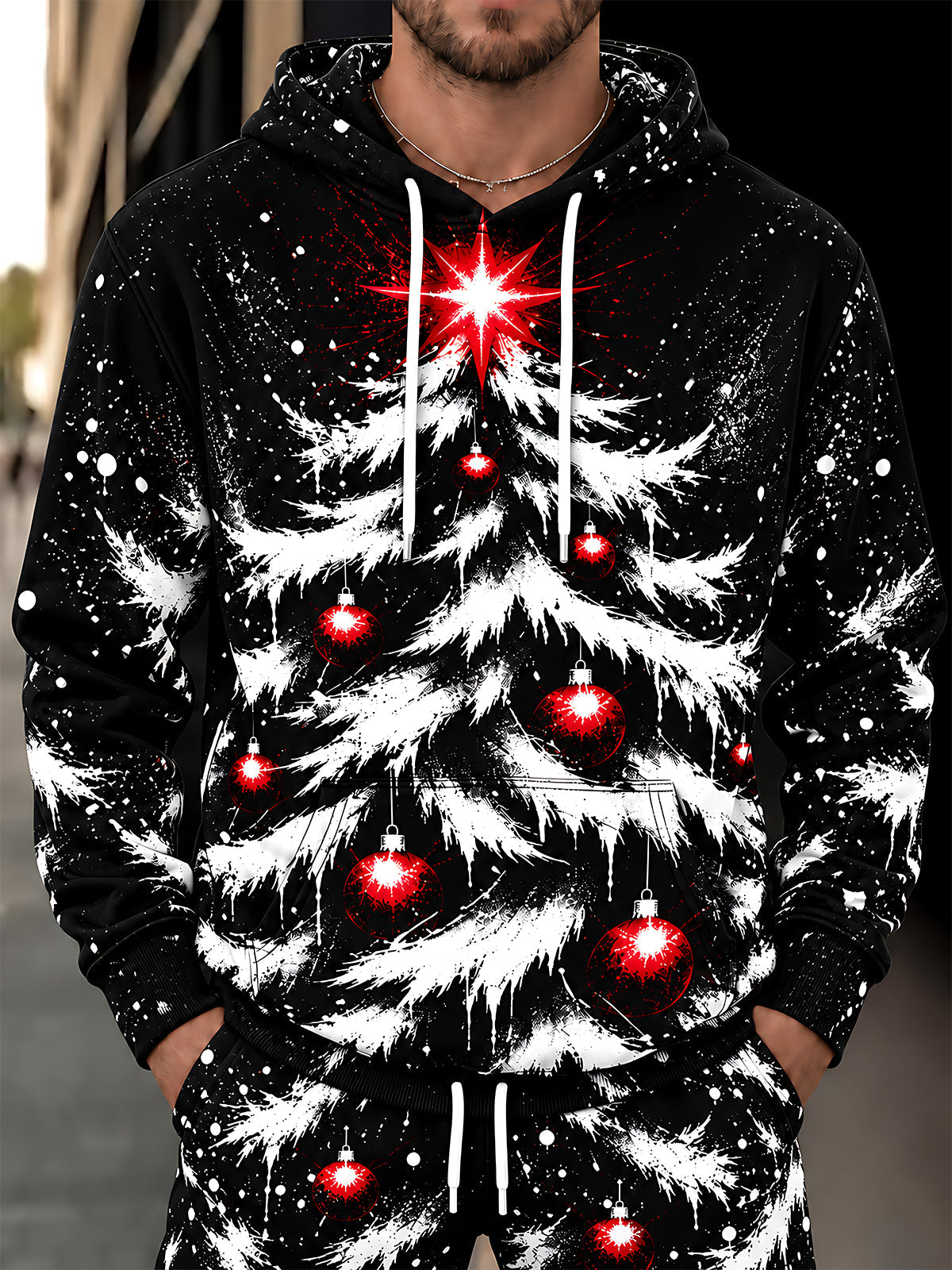 Oceanlyte Men's Christmas Tree With Ornaments And Star Print Long Sleeve Hoodie