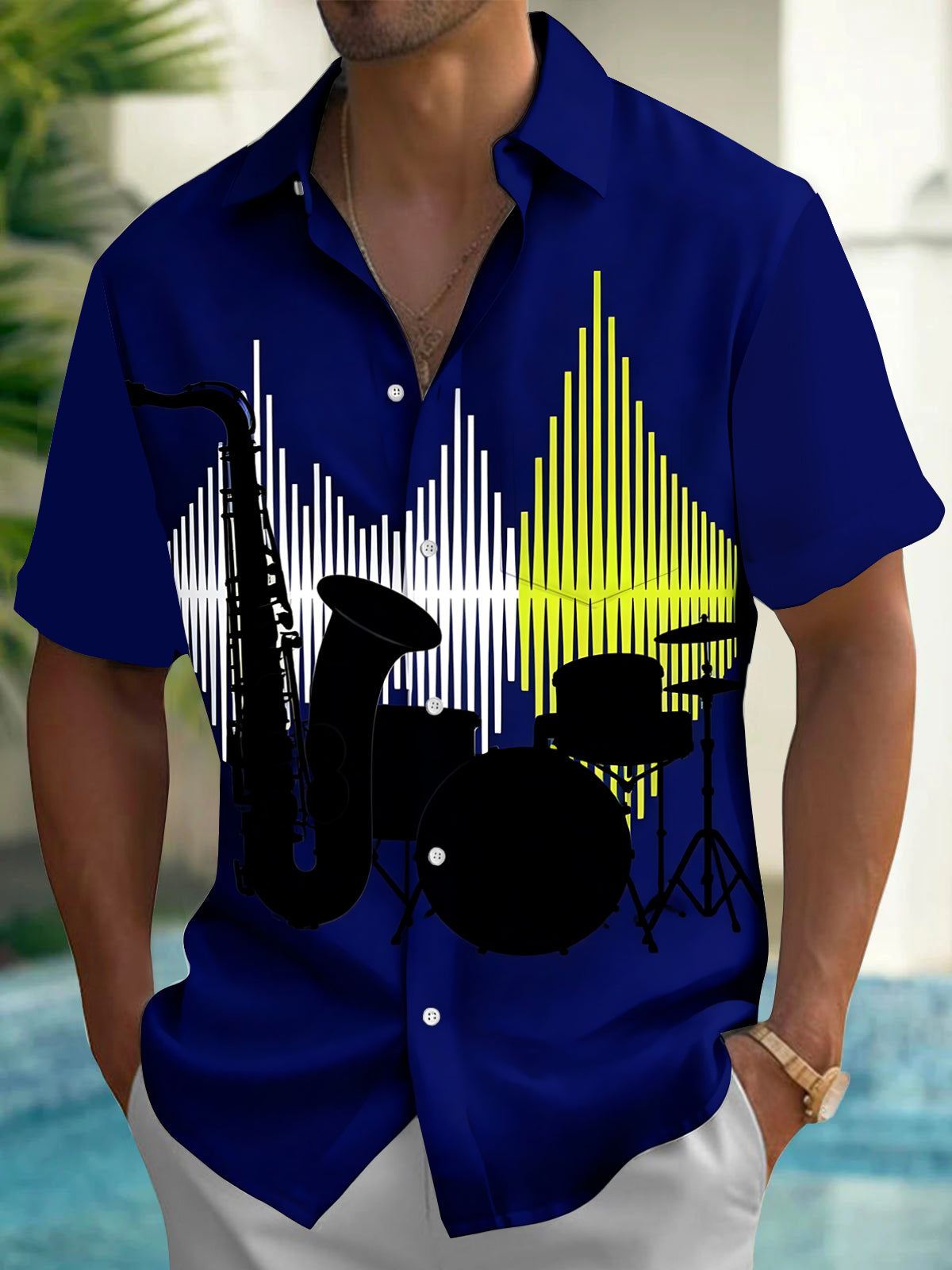 Oceanlyte Men's Jazz Instruments And Sound Wave Print Short Sleeve Shirt with Chest Pocket