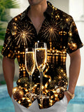 Oceanlyte Men's Short Sleeve Shirt - Christmas Ornaments And Pine Branches Print New Year New Year Champagne Toast With Fireworks Print