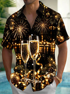 Oceanlyte Men's Short Sleeve Shirt - Christmas Ornaments And Pine Branches Print New Year New Year Champagne Toast With Fireworks Print