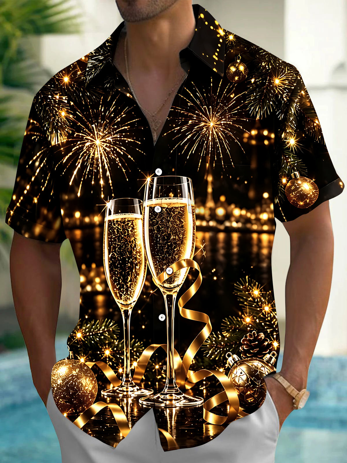 Oceanlyte Men's Short Sleeve Shirt - Christmas Ornaments And Pine Branches Print New Year New Year Champagne Toast With Fireworks Print