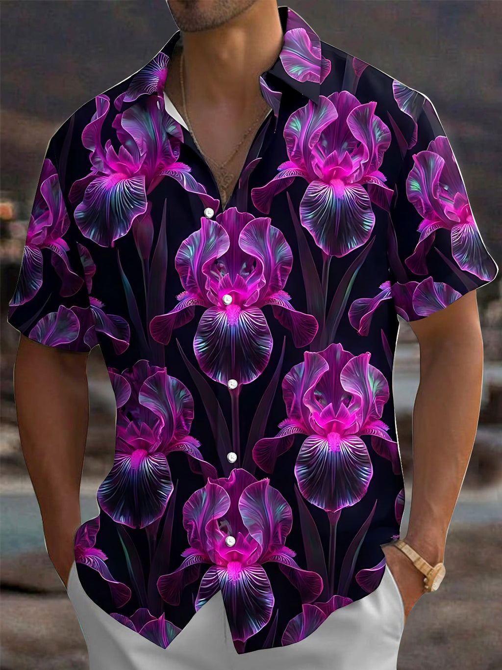 Oceanlyte Men's Hawaiian Purple Iris Flowers Print Short Sleeve Shirt with Chest Pocket