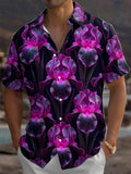 Oceanlyte Men's Hawaiian Purple Iris Flowers Print Short Sleeve Shirt with Chest Pocket