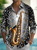 Oceanlyte Men's Graphic Saxophone And Floral Diamond Pattern Long Sleeve Shirt with Chest Pocket