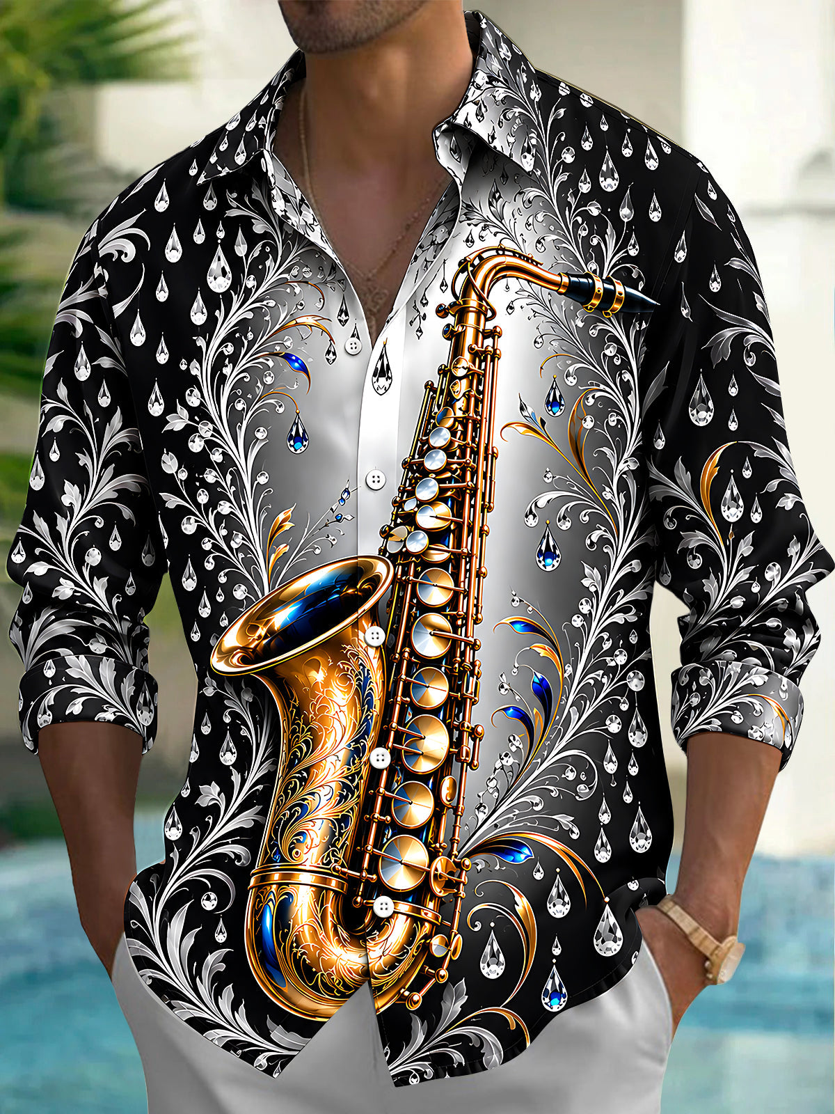 Oceanlyte Men's Graphic Saxophone And Floral Diamond Pattern Long Sleeve Shirt with Chest Pocket