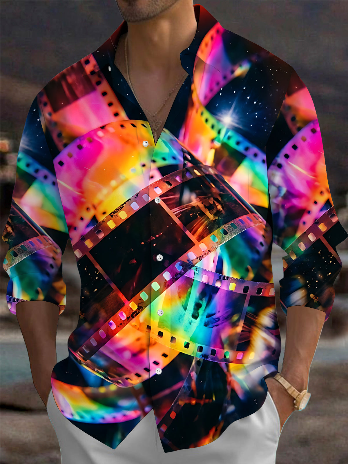 Oceanlyte Men's Long Sleeve Shirt - Colorful Film Strips And Space Background Print with Chest Pocket