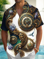 Oceanlyte Men's Graphic Steampunk Clock Gears And Gems Print Short Sleeve Shirt with Chest Pocket