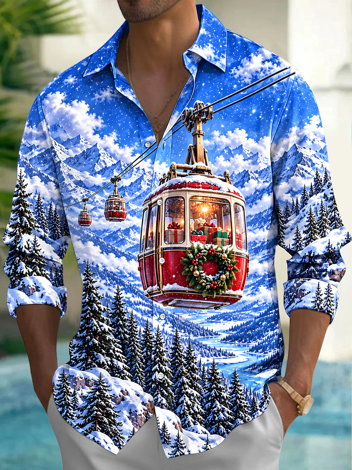 Oceanlyte Men's Long Sleeve Shirt - Mountain Cable Car With Christmas Gifts And Wreath Print with Chest Pocket