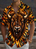 Oceanlyte Men's Hawaiian African Bison Head Print Short Sleeve Shirt with Chest Pocket