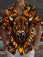 Oceanlyte Men's Hawaiian African Bison Head Print Short Sleeve Shirt with Chest Pocket