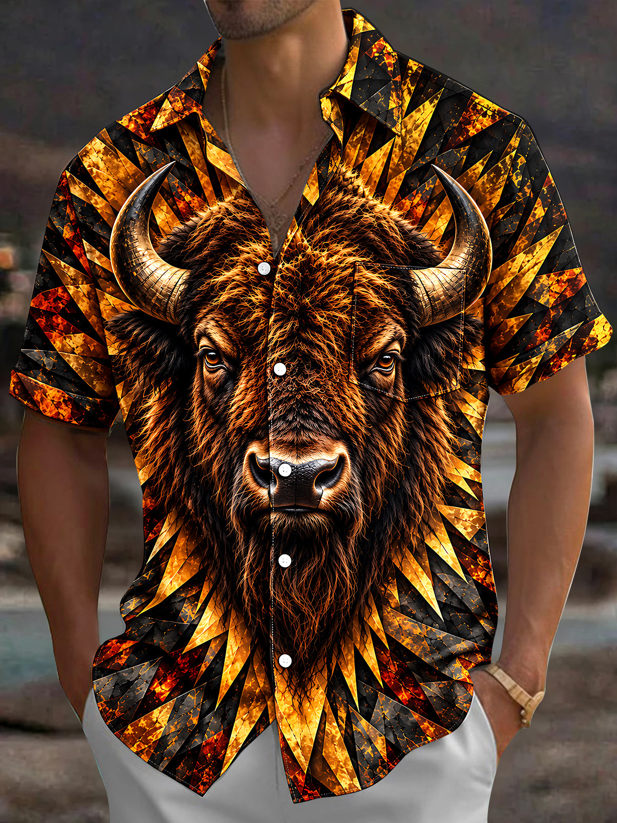 Oceanlyte Men's Hawaiian African Bison Head Print Short Sleeve Shirt with Chest Pocket