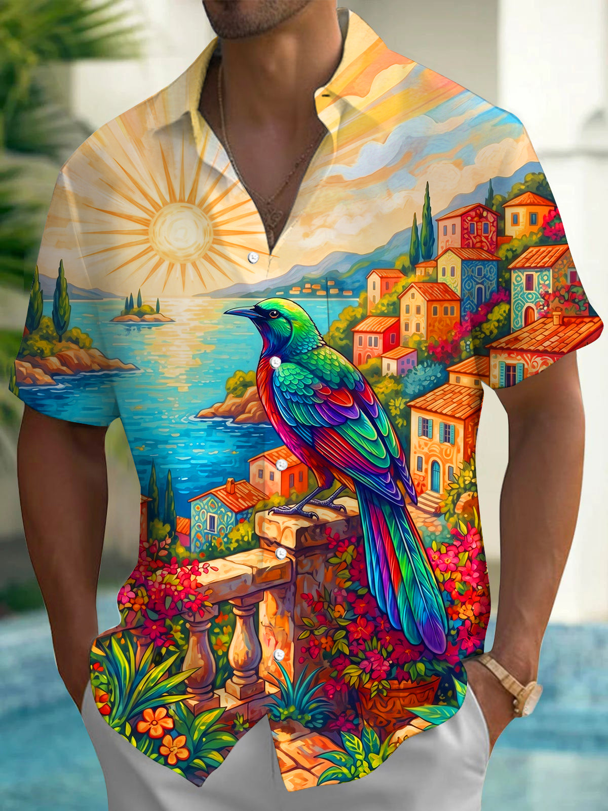 Oceanlyte Men's Hawaiian Colorful Bird Print Short Sleeve Shirt with Chest Pocket