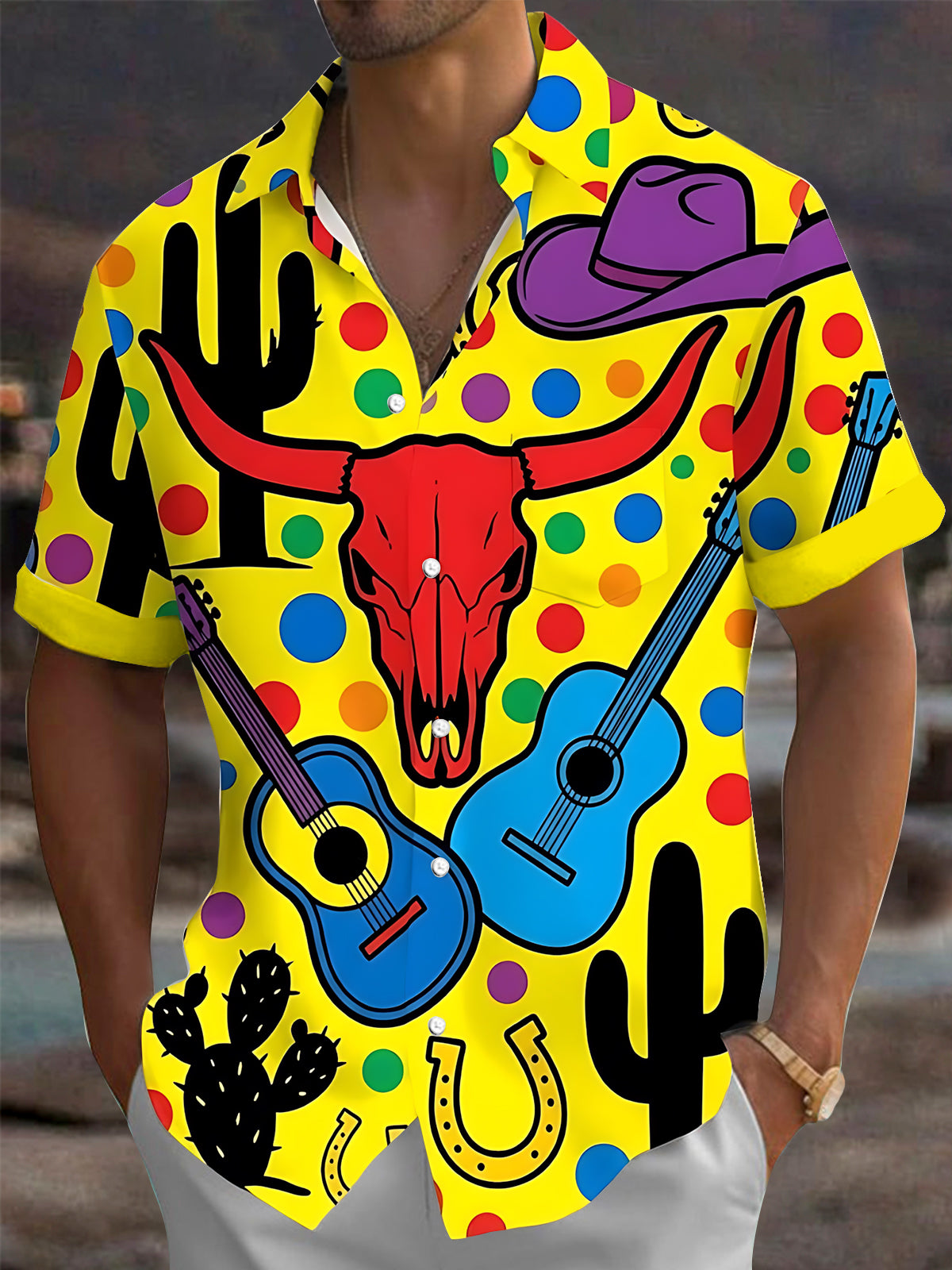 Oceanlyte Men's Printed Western Cow Skull Print Short Sleeve Shirt with Chest Pocket