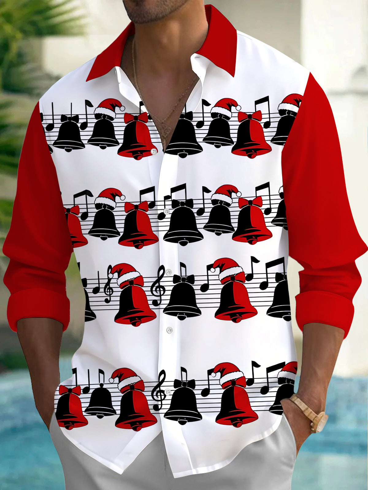 Oceanlyte Men's Long Sleeve Shirt - Christmas Bells And Musical Notes With Santa Hats Print with Chest Pocket