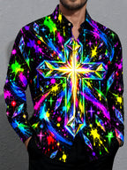 Oceanlyte Men's Neon Crystal Cross And Paint Splatters Print Long Sleeve Shirt with Chest Pocket