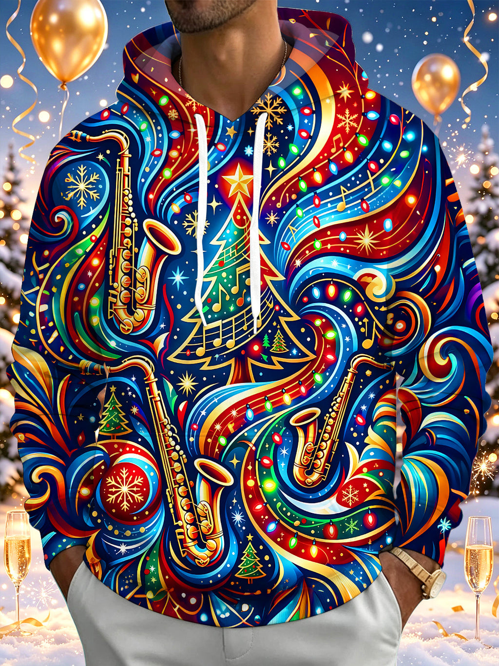 Oceanlyte Men's Graphic Christmas Music Print Saxophone Print Long Sleeve Hoodie with Chest Pocket