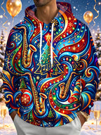 Oceanlyte Men's Graphic Christmas Music Print Saxophone Print Long Sleeve Hoodie with Chest Pocket