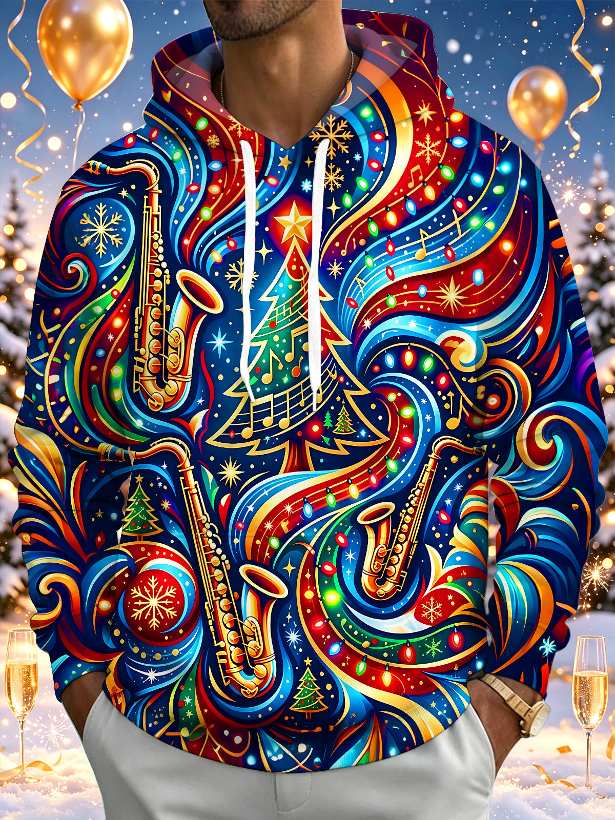 Oceanlyte Men's Graphic Christmas Music Print Saxophone Print Long Sleeve Hoodie with Chest Pocket