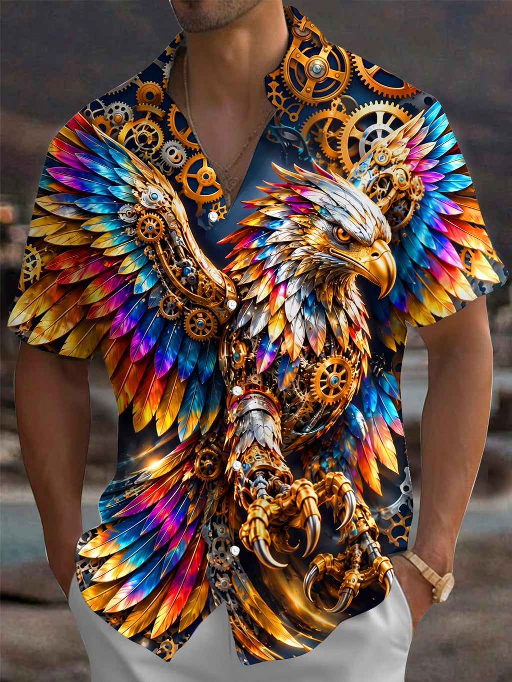 Oceanlyte Men's Short Sleeve Shirt - Steampunk Eagle With Gears And Colorful Feathers Print with Chest Pocket