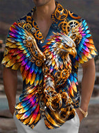 Oceanlyte Men's Short Sleeve Shirt - Steampunk Eagle With Gears And Colorful Feathers Print with Chest Pocket