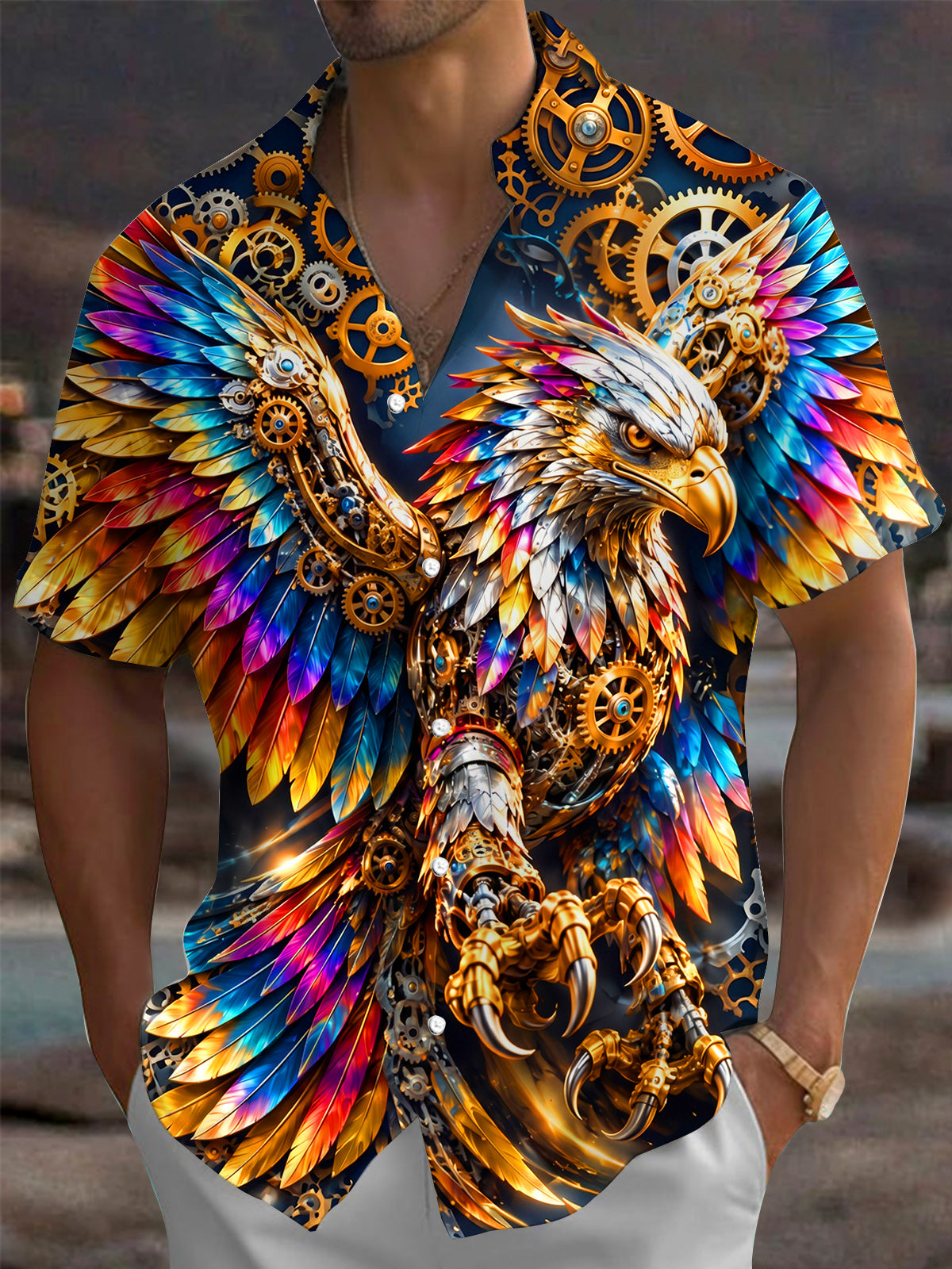 Oceanlyte Men's Short Sleeve Shirt - Steampunk Eagle With Gears And Colorful Feathers Print with Chest Pocket