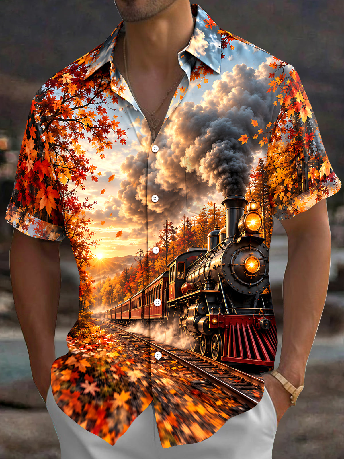 Oceanlyte Men's Short Sleeve Shirt - Vintage Steam Train And Autumn Maple Leaves Print with Chest Pocket
