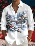 Oceanlyte Men's Long Sleeve Shirt - Winter Snowy Landscape With Wooden House And Waterwheel Print with Chest Pocket
