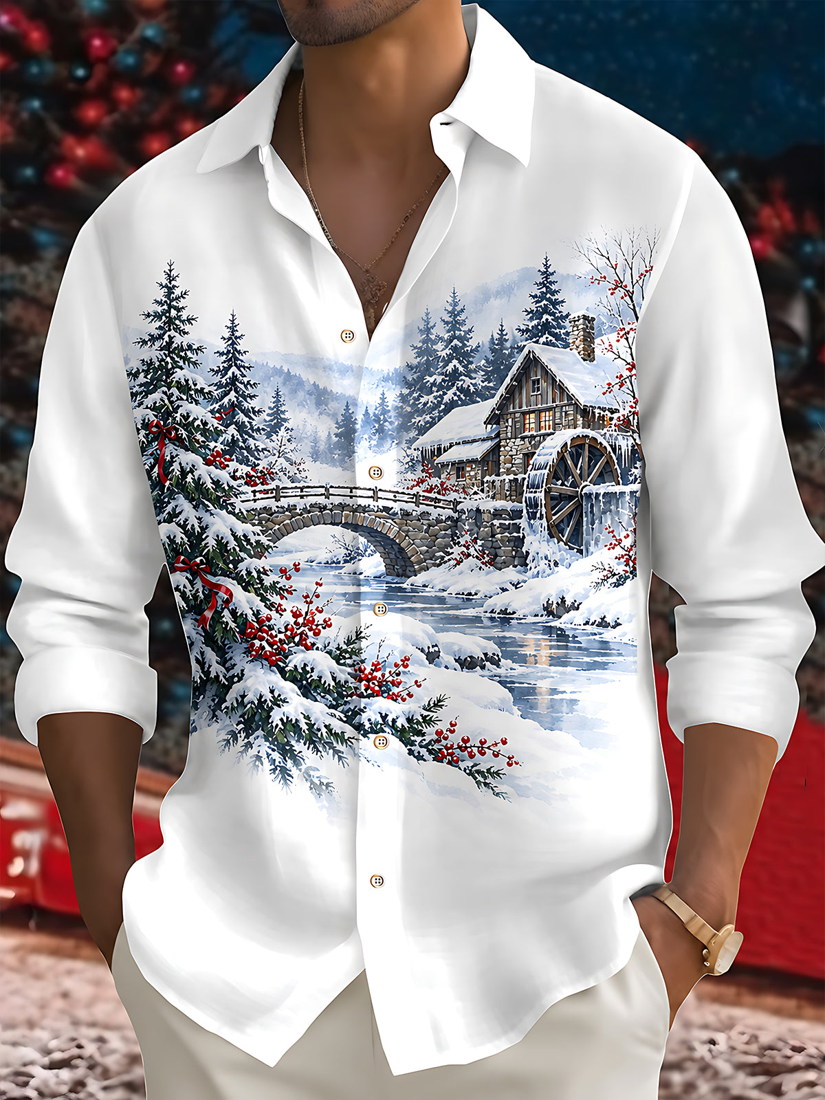 Oceanlyte Men's Long Sleeve Shirt - Winter Snowy Landscape With Wooden House And Waterwheel Print with Chest Pocket