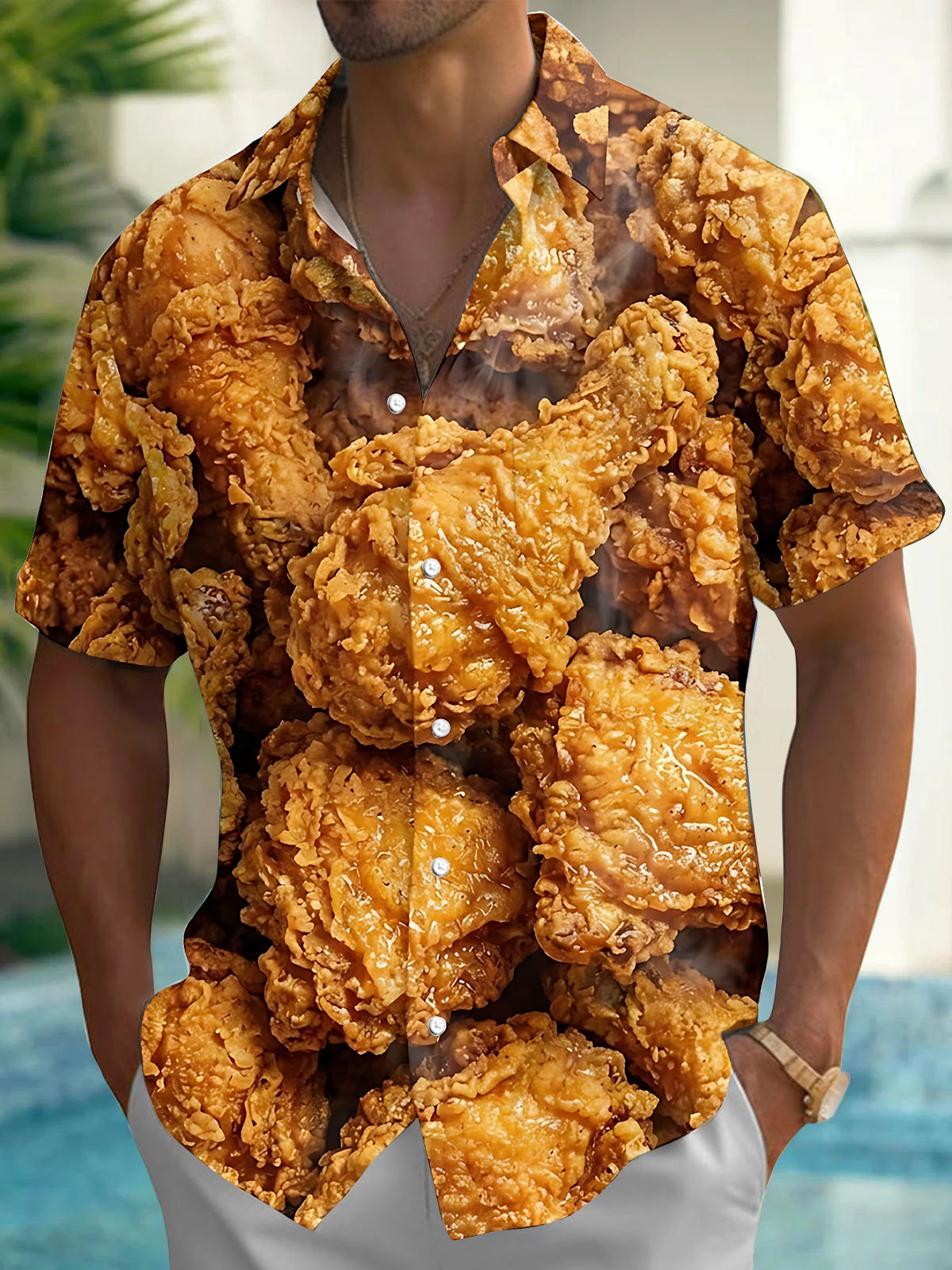 Oceanlyte Men's Hawaiian Fried Chicken Print Short Sleeve Shirt with Chest Pocket