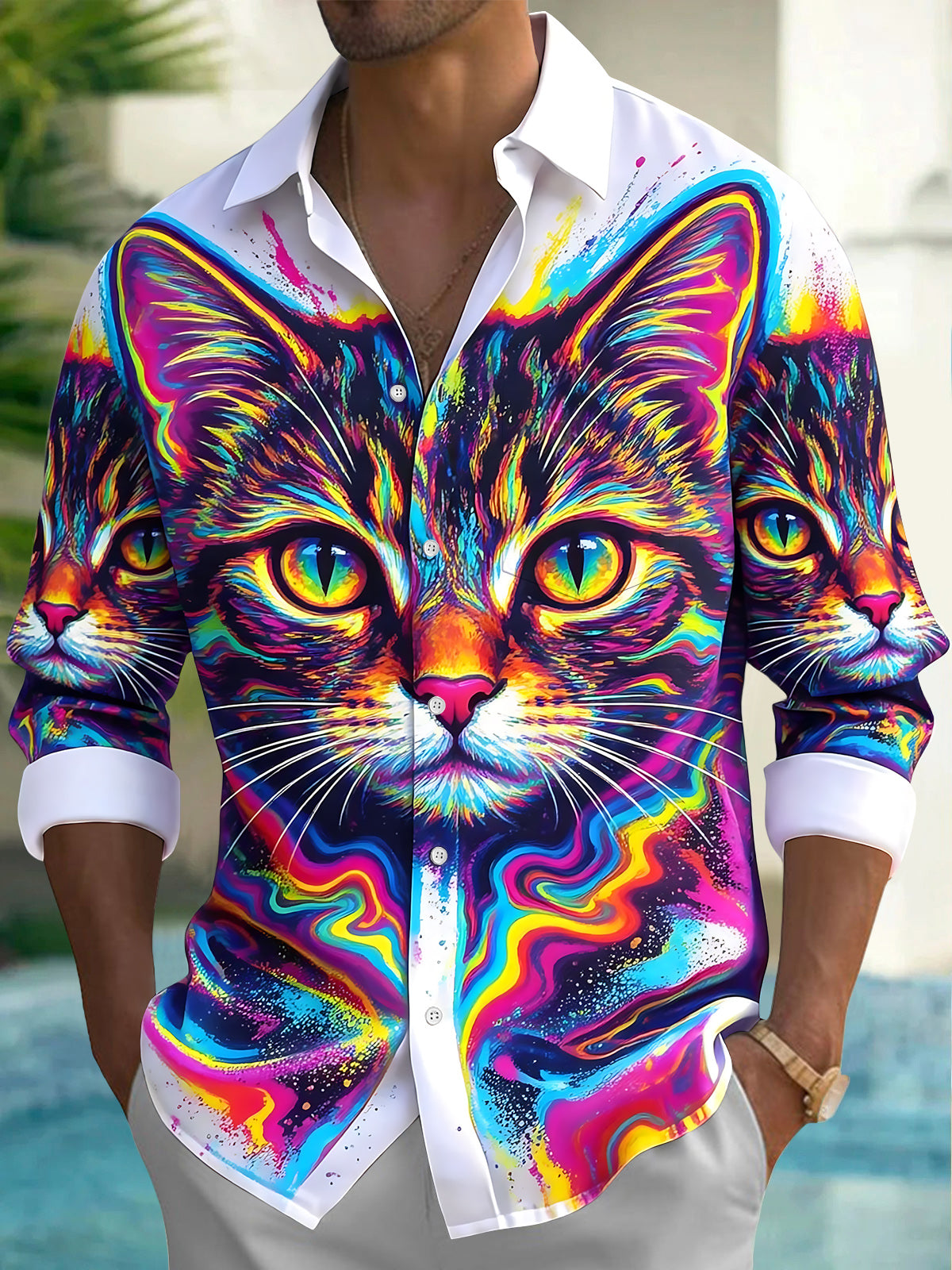 Oceanlyte Men's Graphic Neon Colorful Cat Faces Print Long Sleeve Shirt with Chest Pocket