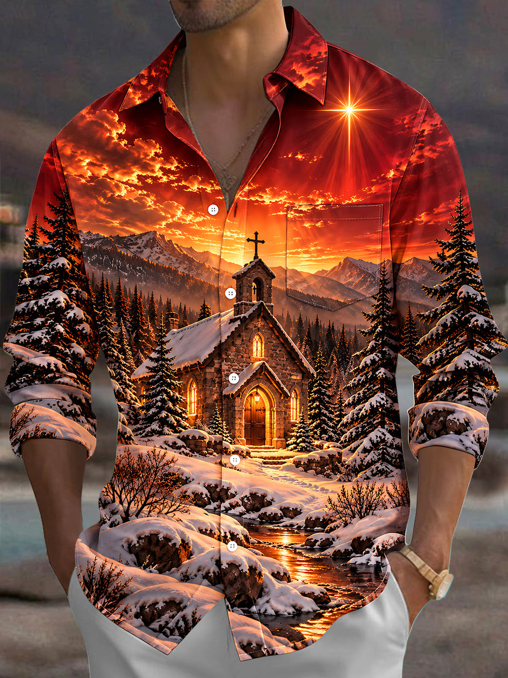 Oceanlyte Men's Long Sleeve Shirt - Winter Church Landscape With Snow And Mountains Print with Chest Pocket