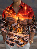Oceanlyte Men's Long Sleeve Shirt - Winter Church Landscape With Snow And Mountains Print with Chest Pocket