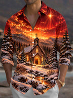 Oceanlyte Men's Long Sleeve Shirt - Winter Church Landscape With Snow And Mountains Print with Chest Pocket