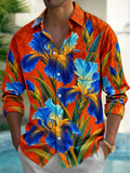Oceanlyte Men's Blue Iris Flowers And Green Leaves Print Long Sleeve Shirt with Chest Pocket