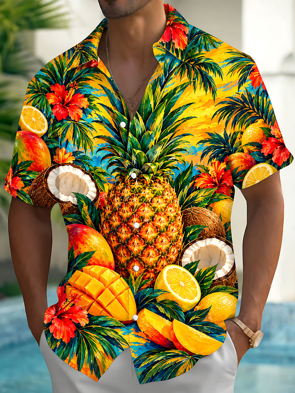 Oceanlyte Men's Hawaiian Pineapple And Tropical Fruits Print Short Sleeve Shirt with Chest Pocket