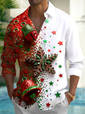Oceanlyte Men's Graphic Christmas Bells And Snowflakes Print Long Sleeve Shirt with Chest Pocket