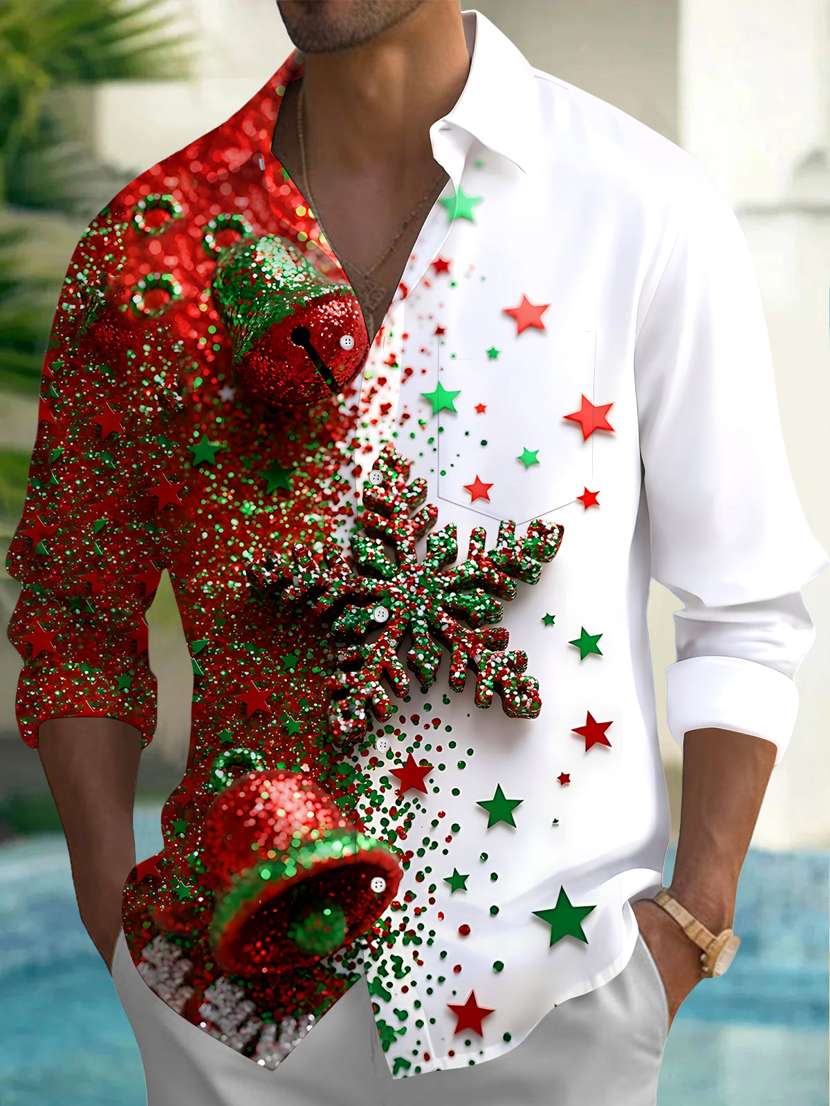 Oceanlyte Men's Graphic Christmas Bells And Snowflakes Print Long Sleeve Shirt with Chest Pocket