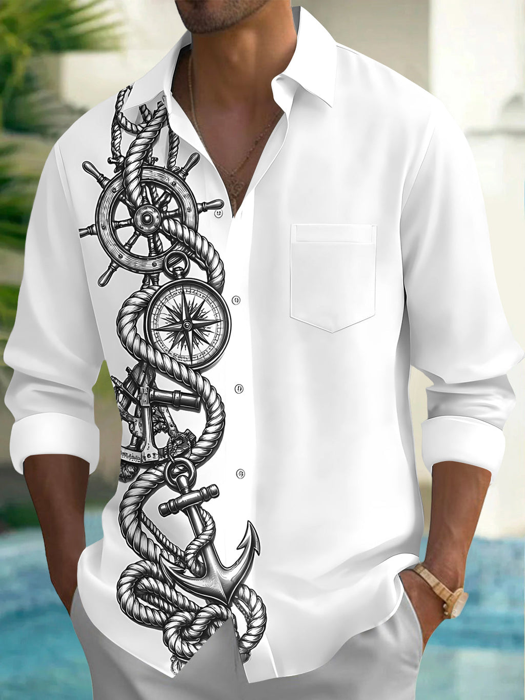 Oceanlyte Men's Nautical Rope And Compass With Anchor Print Long Sleeve Shirt with Chest Pocket