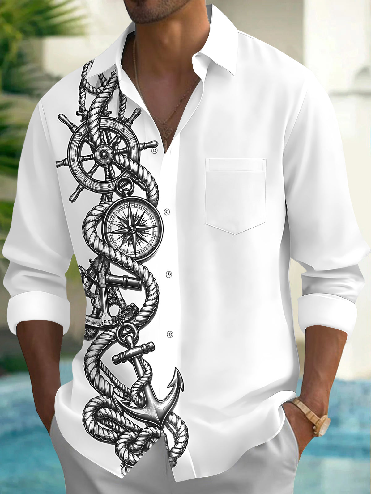 Oceanlyte Men's Nautical Rope And Compass With Anchor Print Long Sleeve Shirt with Chest Pocket