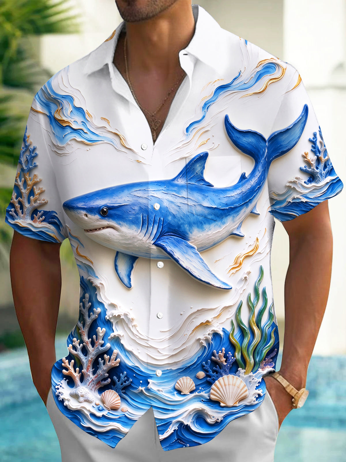 Oceanlyte Men's Graphic 3D Embossed Shark Print Short Sleeve Shirt with Chest Pocket